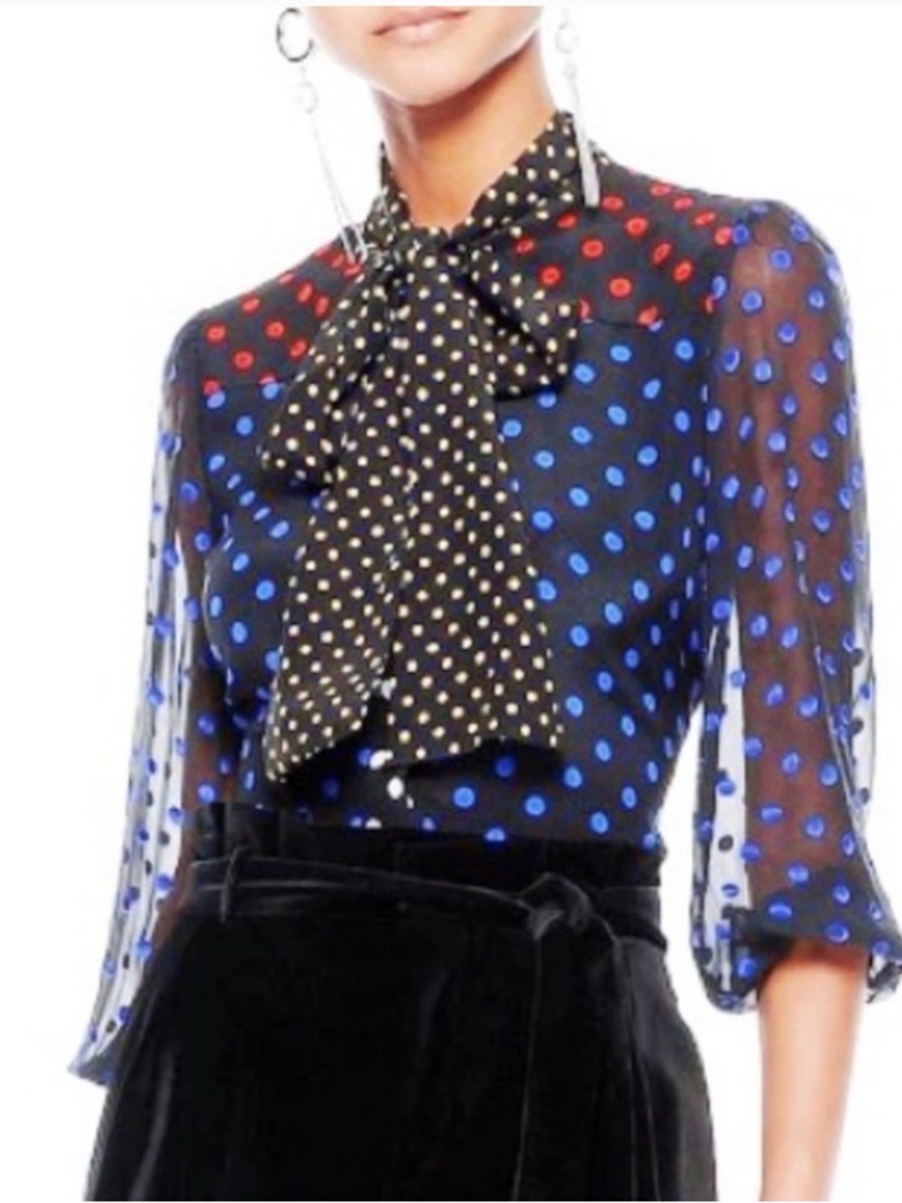 Alice + Olivia Black Sheer Polka Dot Bow Blouse with Blue & Red Dots